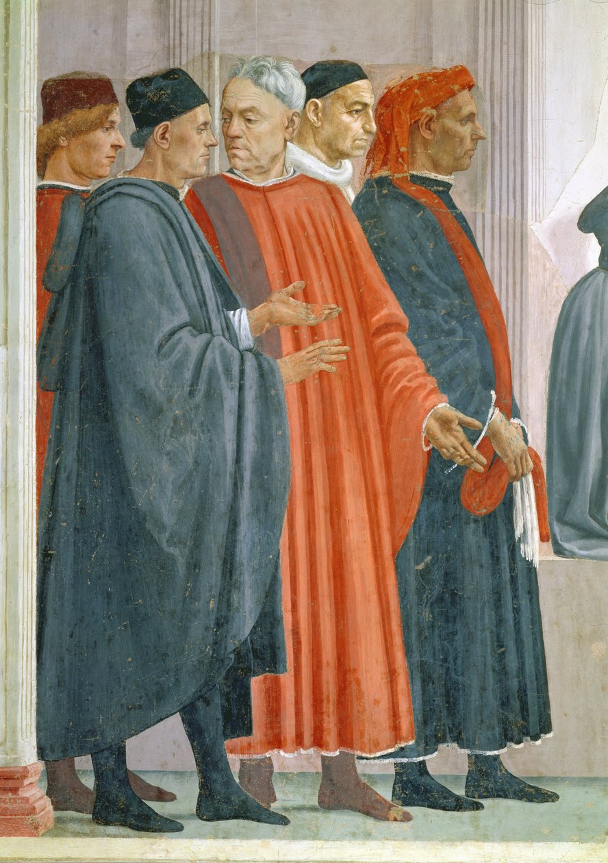 The Raising of the Son of Theophilus, King of Antioch, Detail of Dignitaries at the King of Antiochs Court, ca 1480 fresk se även 63302 av Tommaso Masaccio