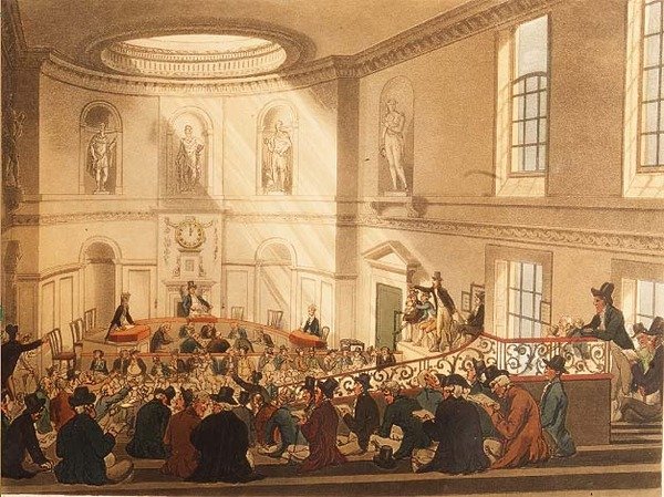 India House, Sale Room, pub. av Ackermann av T. and Pugin A.C. Rowlandson