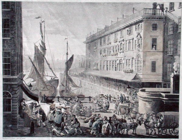 Billingsgate Market, graverad av J. Bluck (fl.1791-1819) (akvatint) av T. and Pugin A.C. (after) Rowlandson