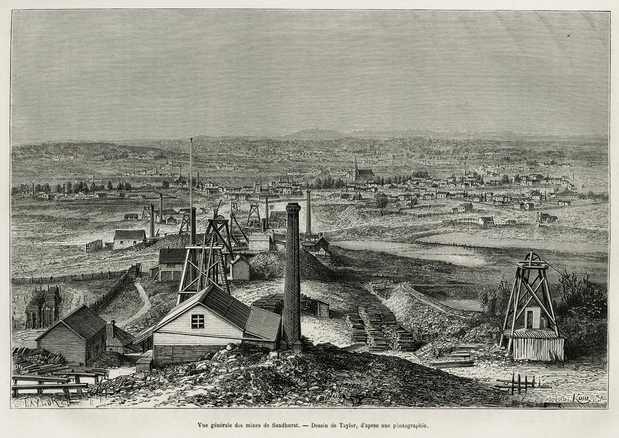 Allmän bild av Sandhursts gruvor, gravering efter en teckning av Taylor, för att illustrera berättelsen sex månader i Australien, av Desire Charnay, uppdragsuppdrag av Ministry of Public Education, 1878, publicerad i tour du monde, under ledning av T Taylor