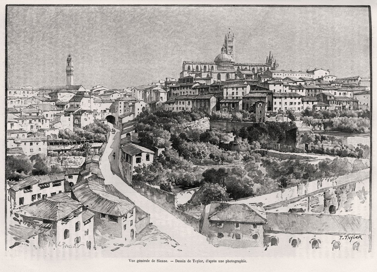 Översikt över Siena (Italien). Gravyr av Taylor för att illustrera historien "" A travers la Tuscane"" av Eugene Muntz (1845-1902), i Le tour du Monde 1892, regisserad av Edouard Charton (1807-1891), Hachette, Paris. av T Taylor