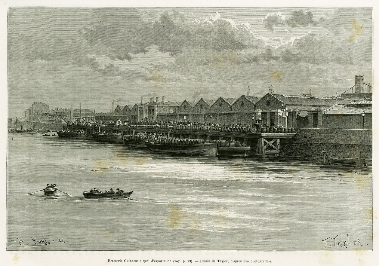 Guinness bryggeri, exportdocka. Gravyr av Taylor, för att illustrera historien Trois mois en Irlande, 1889, av Marie Anne de Bovet, i le tour du monde 1890, regisserad av Edouard Charton (1807-1890), Hachette, Paris. av T Taylor