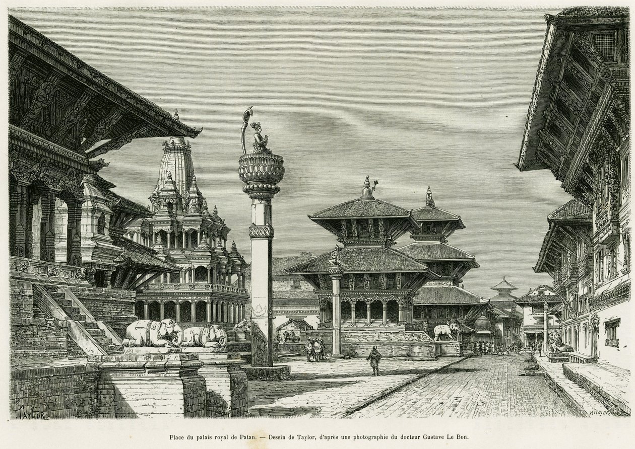 Plats för det kungliga palatset i Patan (nuvarande Lalitpur). Gravyr av Taylor för att illustrera berättelsen Voyage au Nepal, av Dr. Gustave Le Bon (1841-1931), i le tour du monde 1886, regisserad av Edouard Charton (1807-1890), Hachette, Paris. av T Taylor