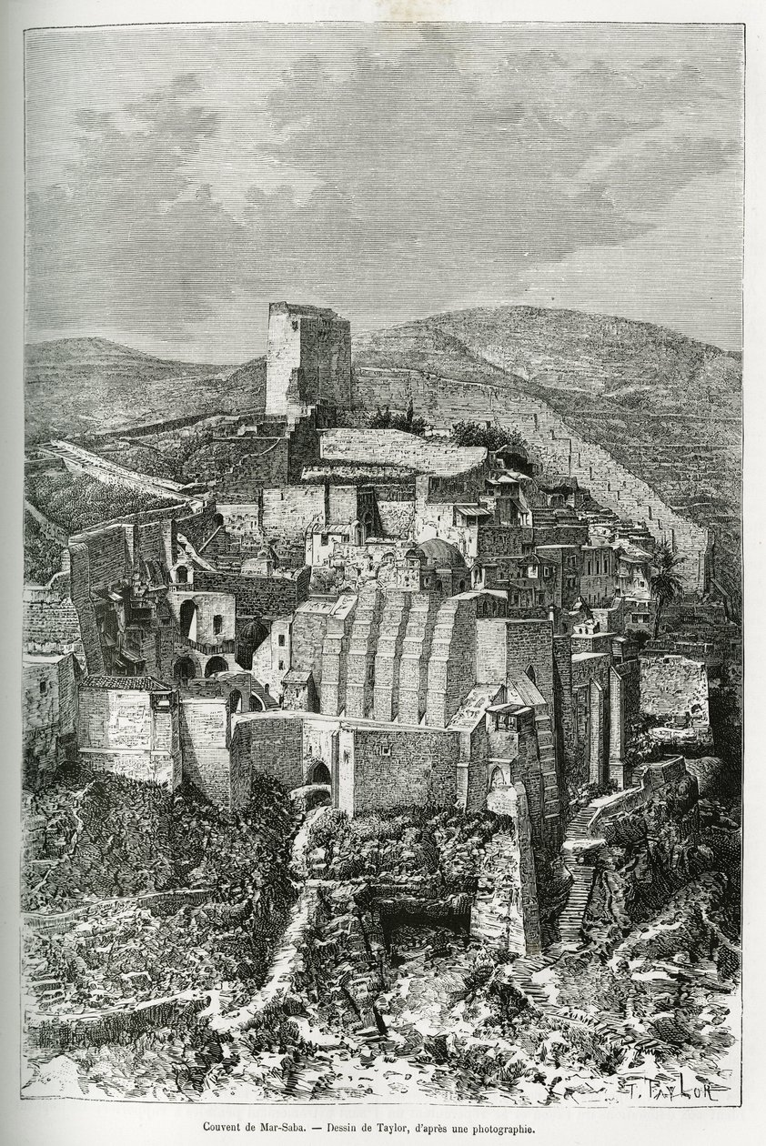 Klostret Mar-Saba (Mar Saba) (Palestina). Taylors gravyr, för att illustrera historien om dagens Syrien, av M. Lortet, dekanus vid Medicinska fakulteten i Lyon, med ansvar för ett vetenskapligt uppdrag av ministeriet för offentlig utbildning, publicerad i  av T Taylor