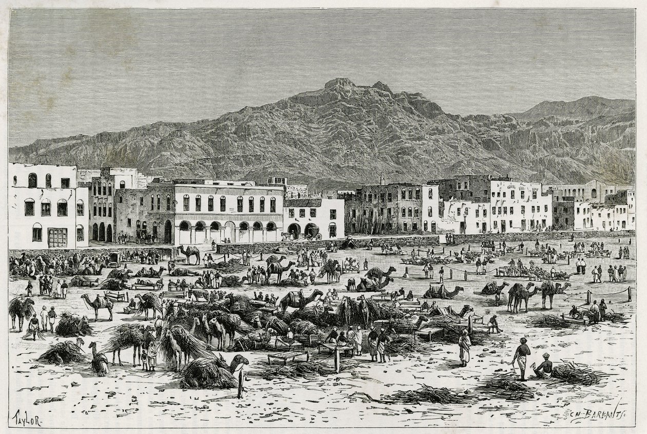 Marschen av Aden (Jemen). Taylors gravyr, för att illustrera berättelsen "" Resan till Benadir, Somalier och Bayoun "", 1882-1883, av M.G. Revoil. Publicerad i Le Tour du monde, nouveau journal des voyages av T Taylor
