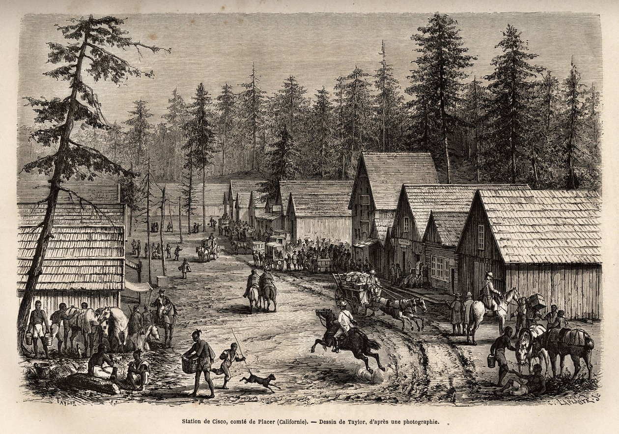 Stationen i Cisco, greve av Placer (Nevada), där man kan ta snabbtåget från Stillahavsjärnvägen (Pacific Railway), graverad efter Taylors teckning, som illustrerar resan från Washington till San Francisco 1868, av L. Simonin, publicerad i "L av T Taylor