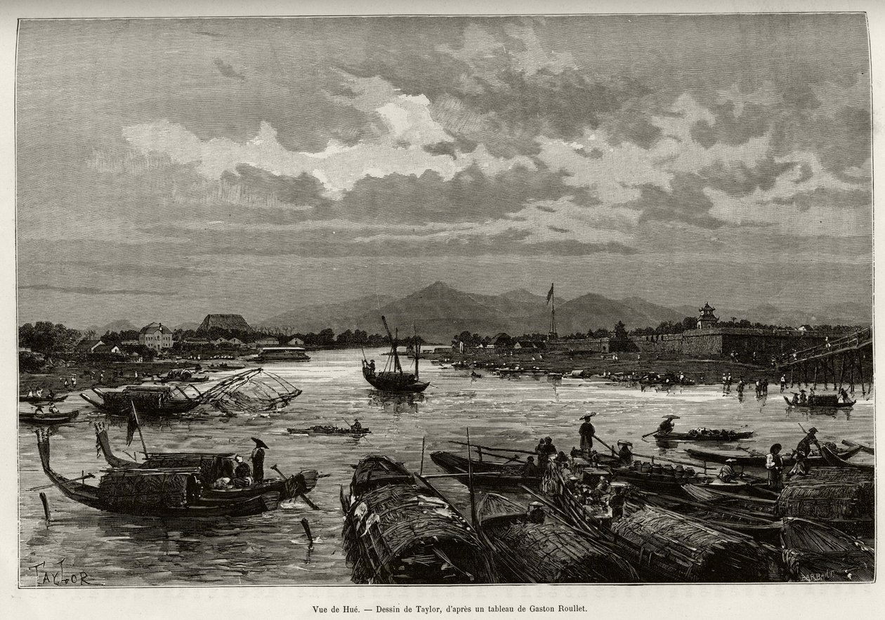 Utsikt över Hue (Vietnam), med beskrivning av navigering på Song Huong-floden och Thien Mu-pagoden, bakom omkretsmurarna. Gravyr av Taylor, för att illustrera berättelsen "" Trente mois au Tonkin"" av Dr Charles Edouard Hocquard (1853-1911), 1885, i av T Taylor