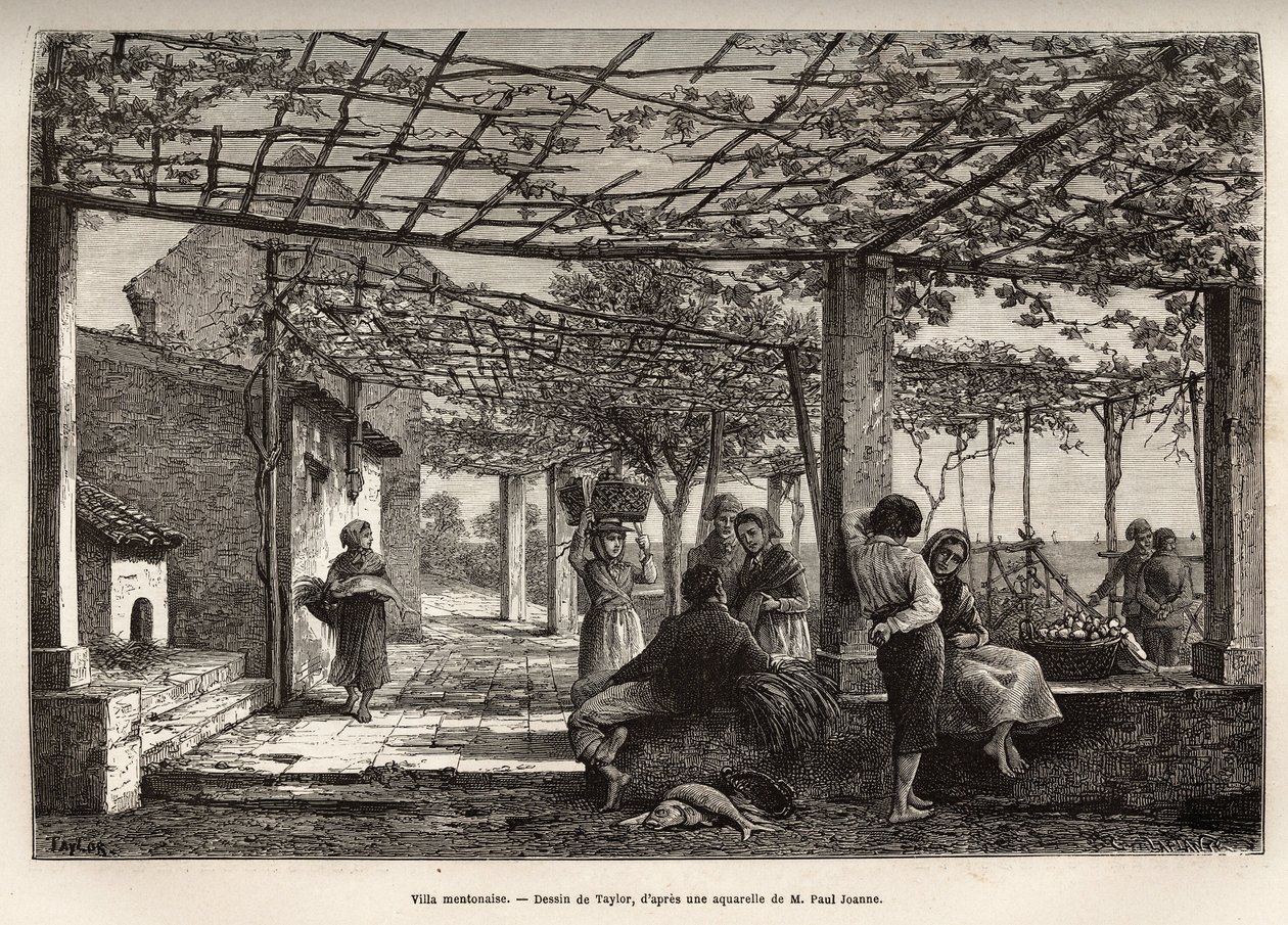 Villa Menton, gravyr efter Taylors teckning, som illustrerar resan av Menton och Bordhighera, 1871, av Adolphe Joanne, publicerad i "Le tour du monde"" 1874, redigerad av Edouard Charton, Hachette-upplagan, Paris. Selva samling. av T Taylor