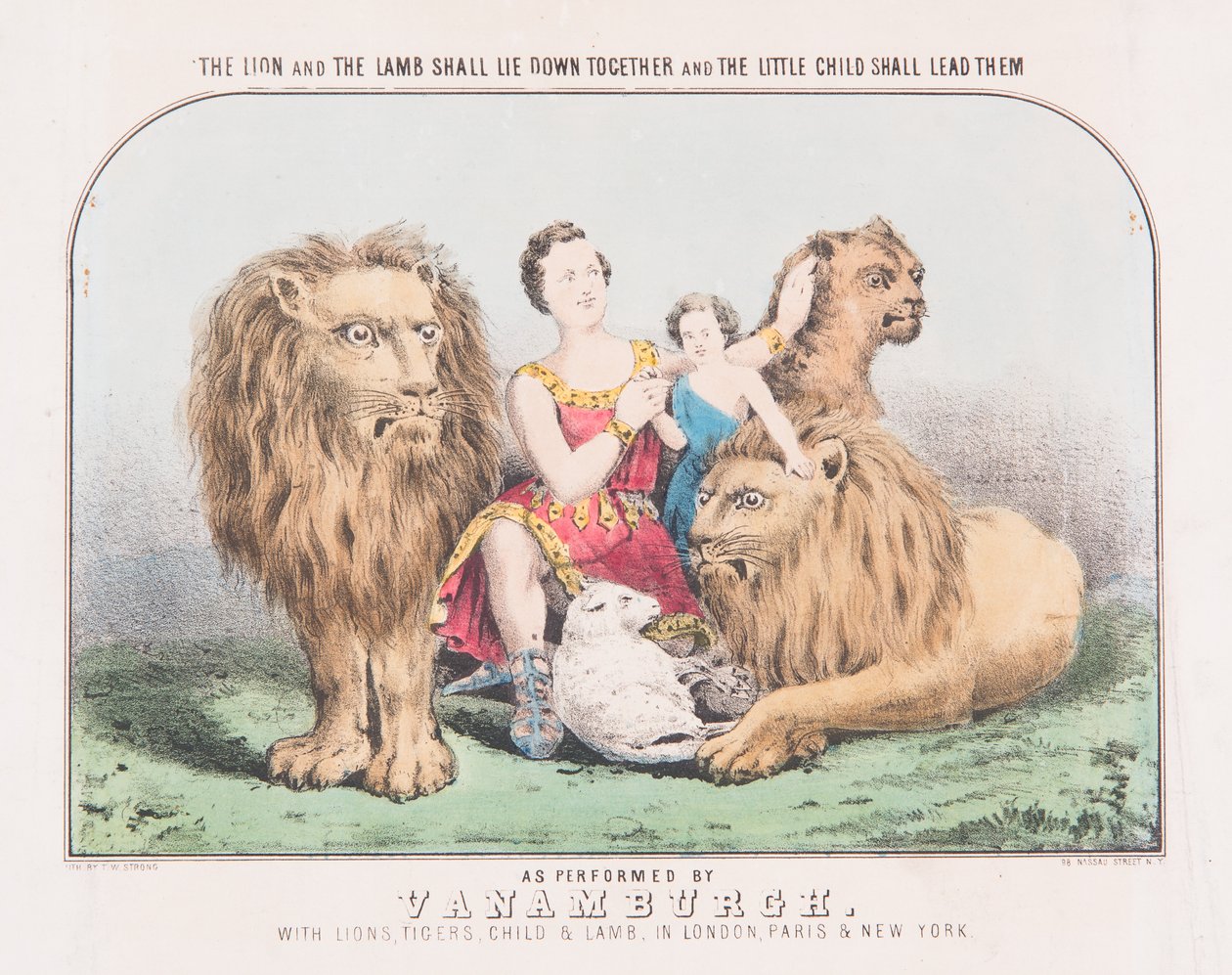 Lejonet och lammet ska ligga ner tillsammans och det lilla barnet ska leda dem, ca 1840 (akvarell på papper) av T. W. Strong