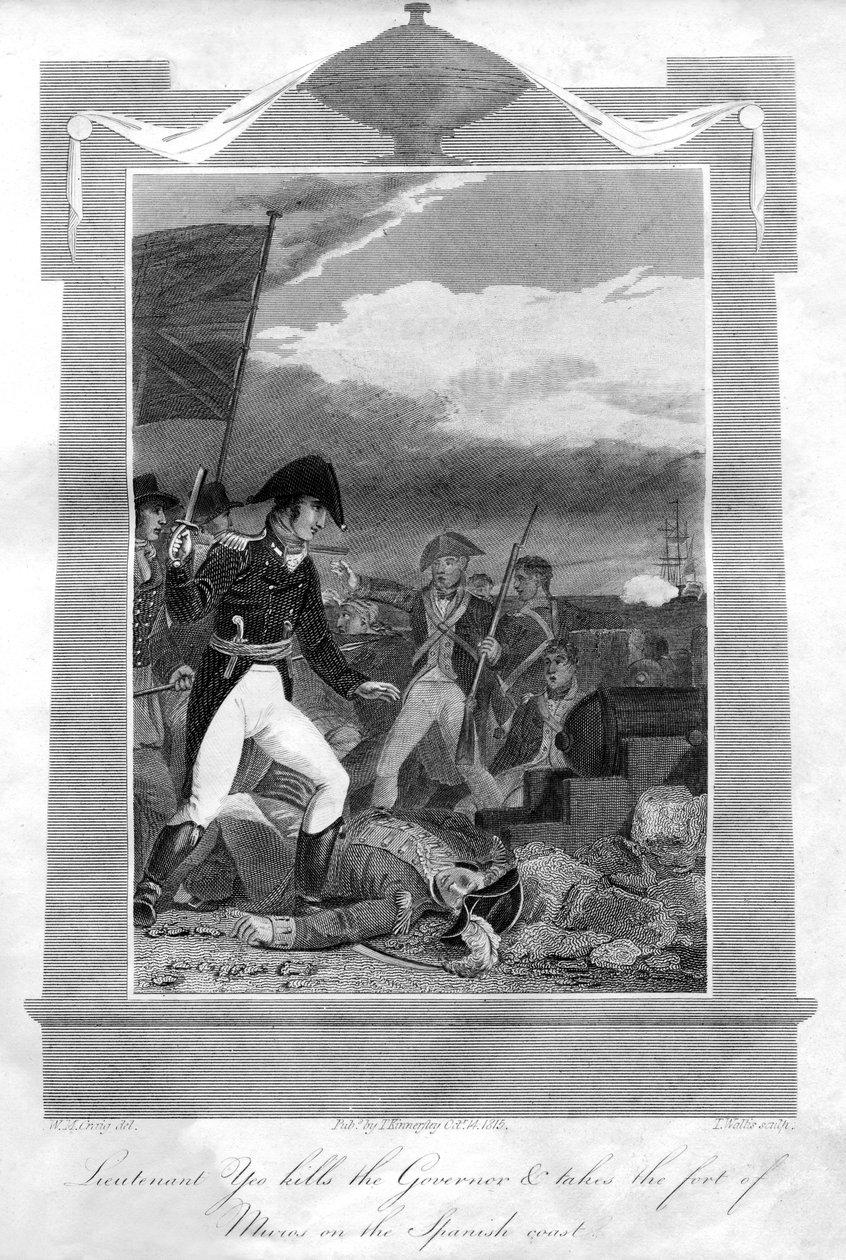 Löjtnant Yeo dödar guvernören och intar fortet Muros på den spanska kusten, 1816 av T. Wallis