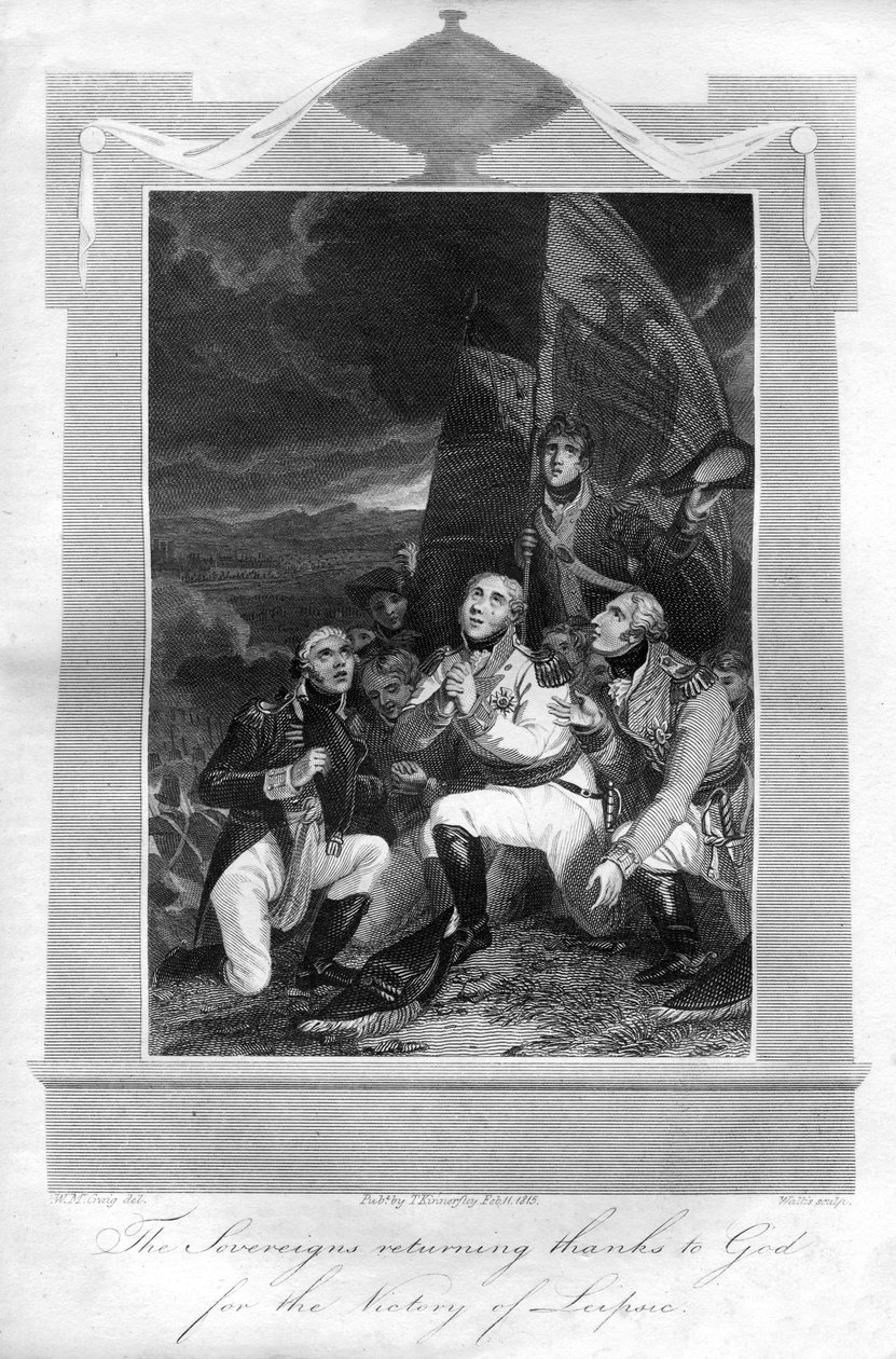 Suveränerna återvänder tack vare Gud för segern i Leipzig, 1816. av T. Wallis