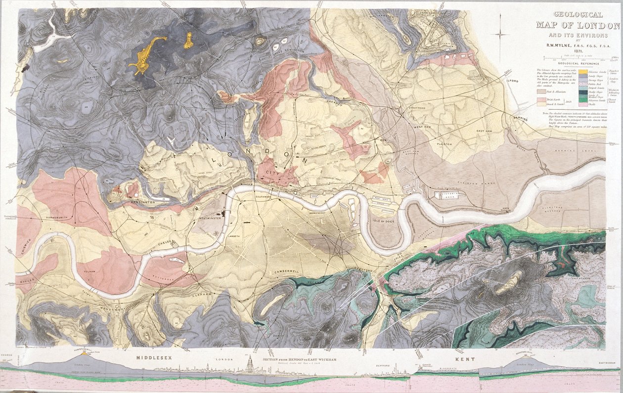 Geologisk karta över London och det omgivande området, 1871 av T Walsh