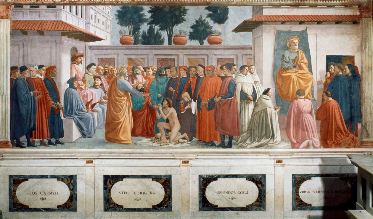 Uppfostran av Theophilus Son, konungen av Antiokia och St. Peter tronade som förste biskop av Antiokia, ca 1427 och ca 1480 (fresk) av T. Masaccio, F. Lippi
