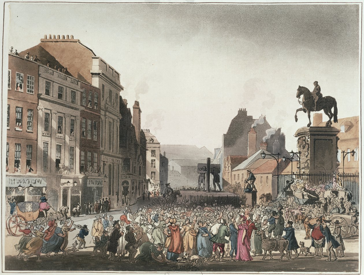 Pillory at Charing Cross från Ackermanns "Microcosm of London" av T. and Pugin A.C. Rowlandson