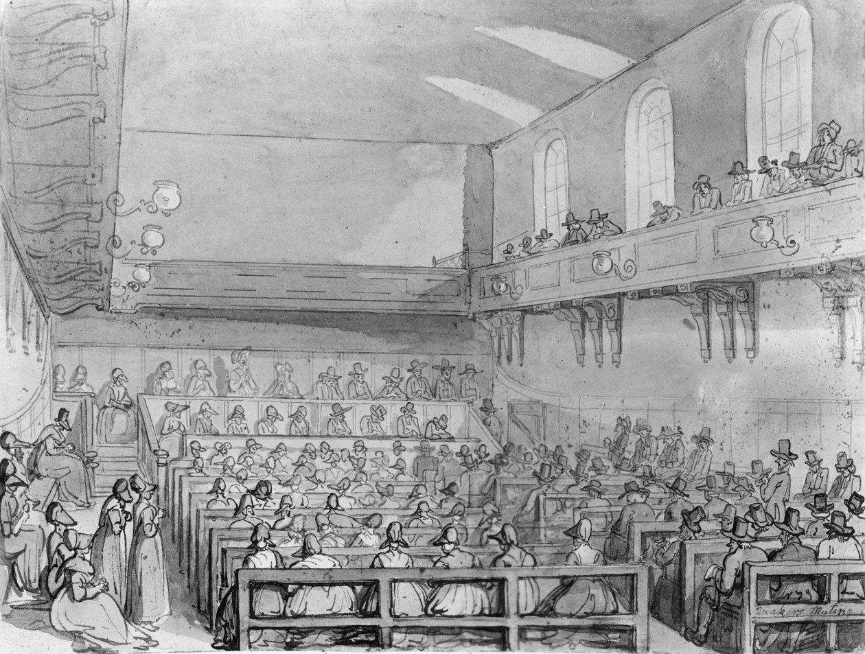 Kväkare samlas i ett möteshus i London av T. and Pugin A.C. Rowlandson
