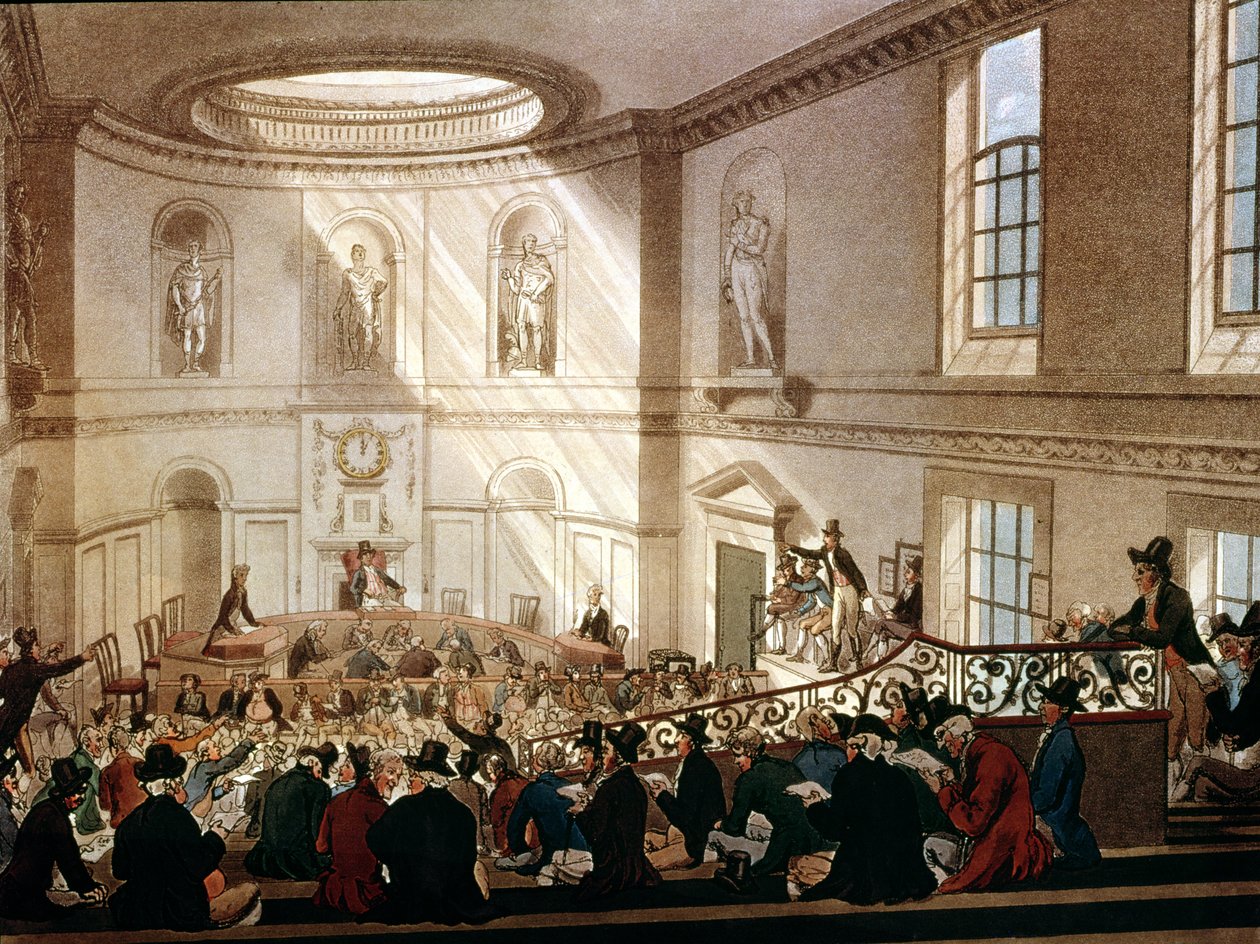 India House, The Sale Room, från Ackermanns Microcosm of London, graverat av Joseph Constantine Stadler (fl.1780-1812), 1808 (akvatint) av T. and Pugin Rowlandson