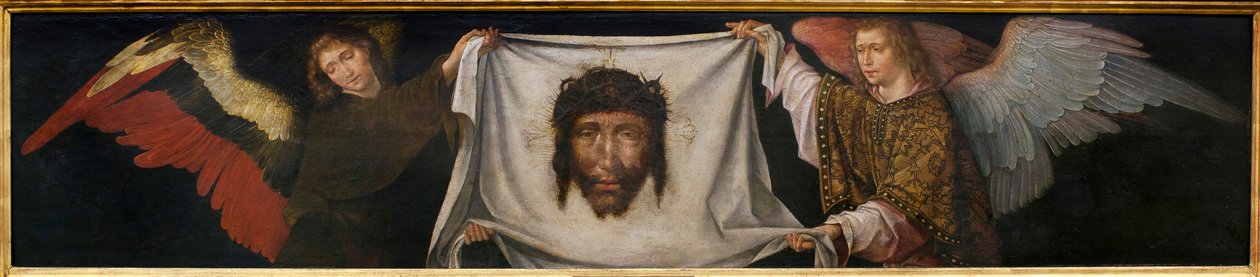 Änglar som bär det heliga höljet - Målning från Frere Carlos verkstad (flamländsk målare verksam mellan 1517-1544), olja på trä, ca 1520-1530 (Änglar med heliga ansiktet, av broder Carlos verkstad, olja på panel, ca. 1520-1530) - Musée d