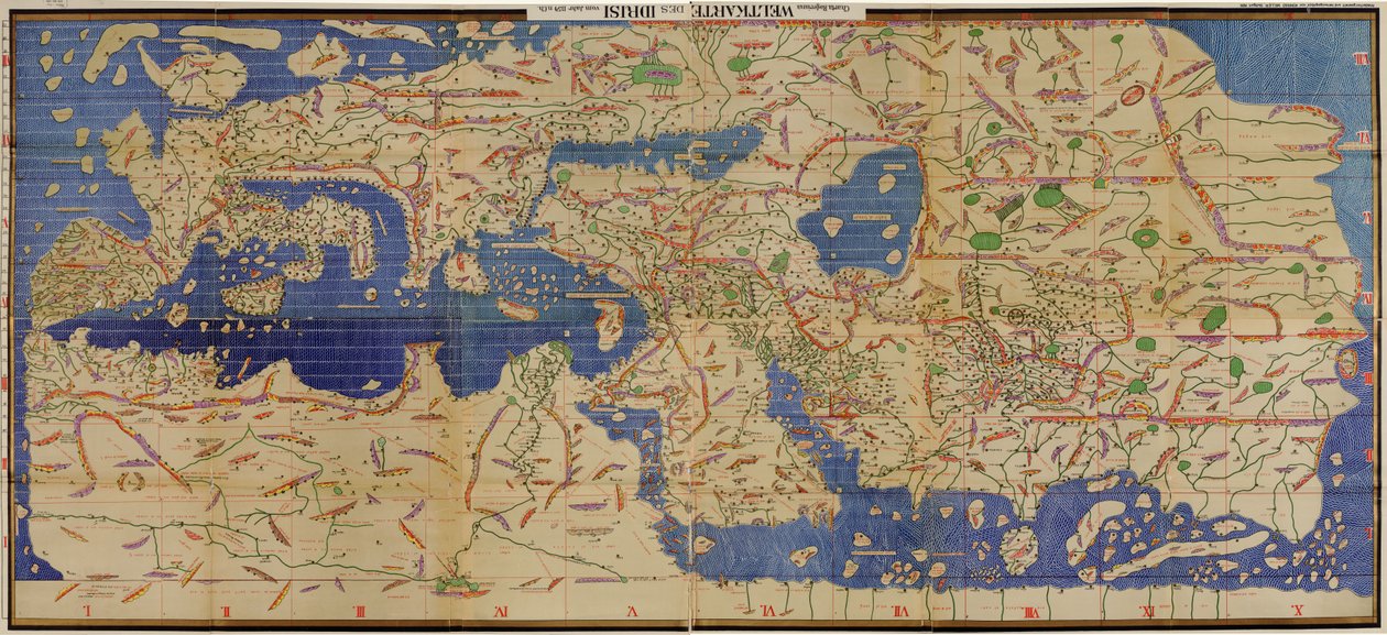 En kopia från 1929 med namn översatta till latinsk skrift av den arabiska Tabula Rogeriana från 1154, upp och ner med norr orienterad uppåt av TabulaRogeriana.jpg