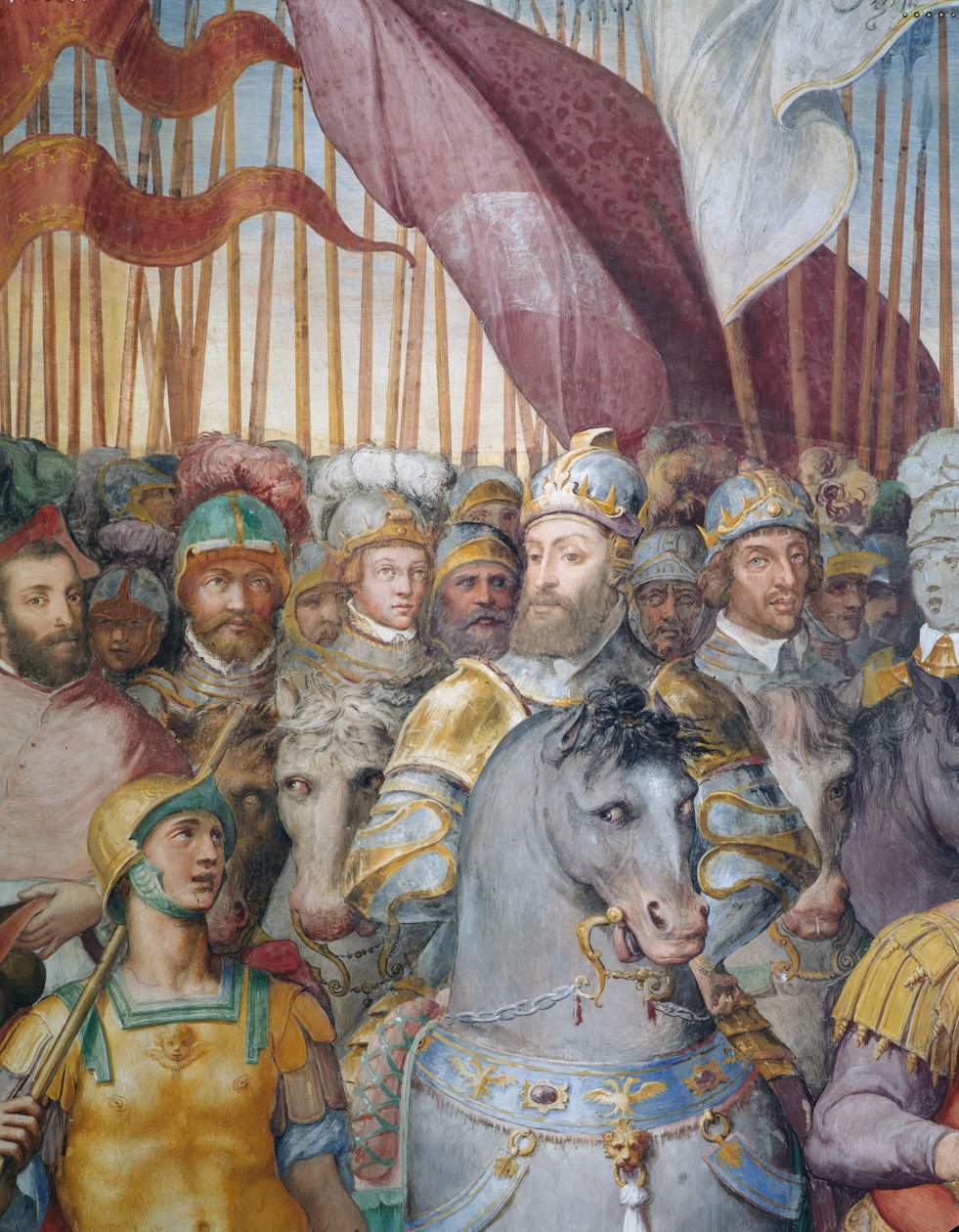 Detalj av trupper av kardinal Alessandro Farnese och av Karl V som lämnar för krig mot lutheraner, i Hall of Farnesina av Federico Zuccaro