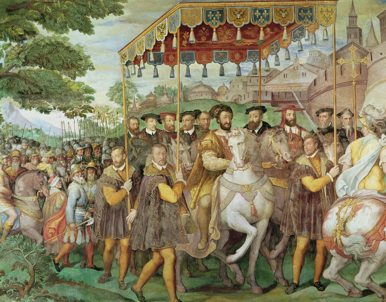 Kejsar Karl Vs (1500-58), Francis I (1494-1547) och Alessandro Farneses (1546-92) högtidliga inträde till Paris 1540, från 