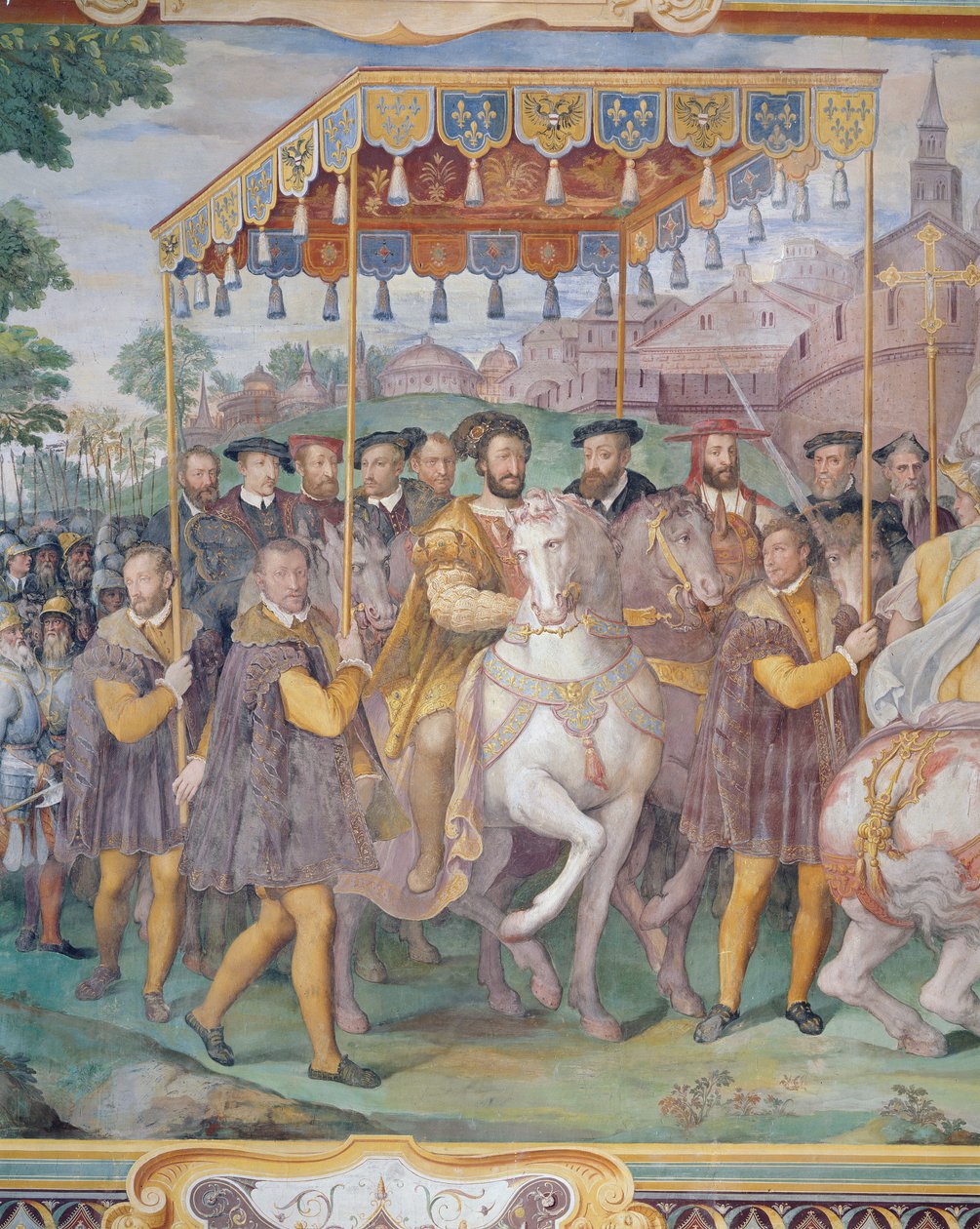 Kejsar Karl V, Francis I och Alessandro Farneses högtidliga inträde till Paris 1540, från "Sala dei Fasti Farnese", 1557-66 av Federico Zuccaro