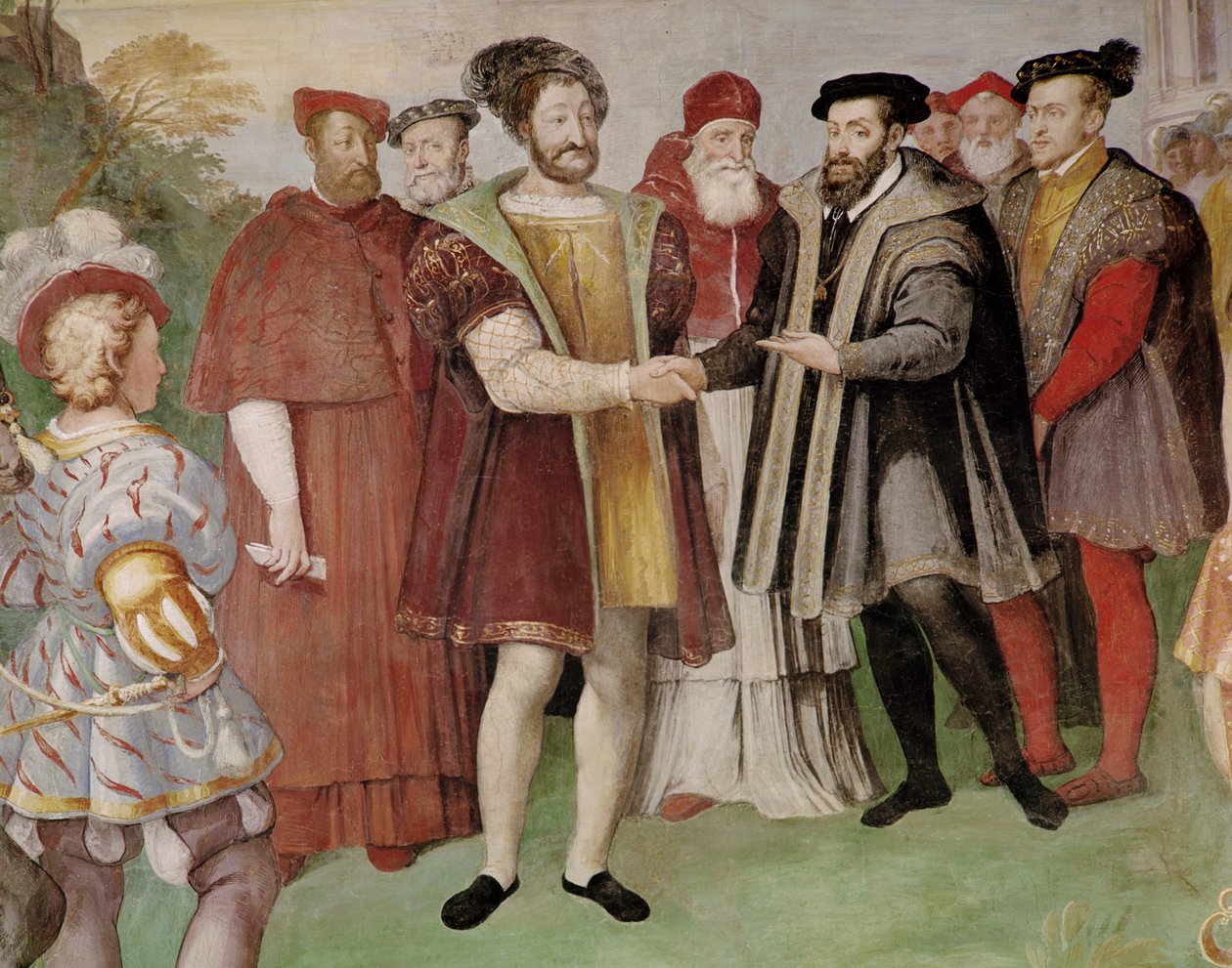 Vapenvilan i Nice mellan Franciskus I (1494-1547) och Karl V (1500-58) från "Sala del Consiglio Trento" (detalj av 133346) av Federico Zuccaro