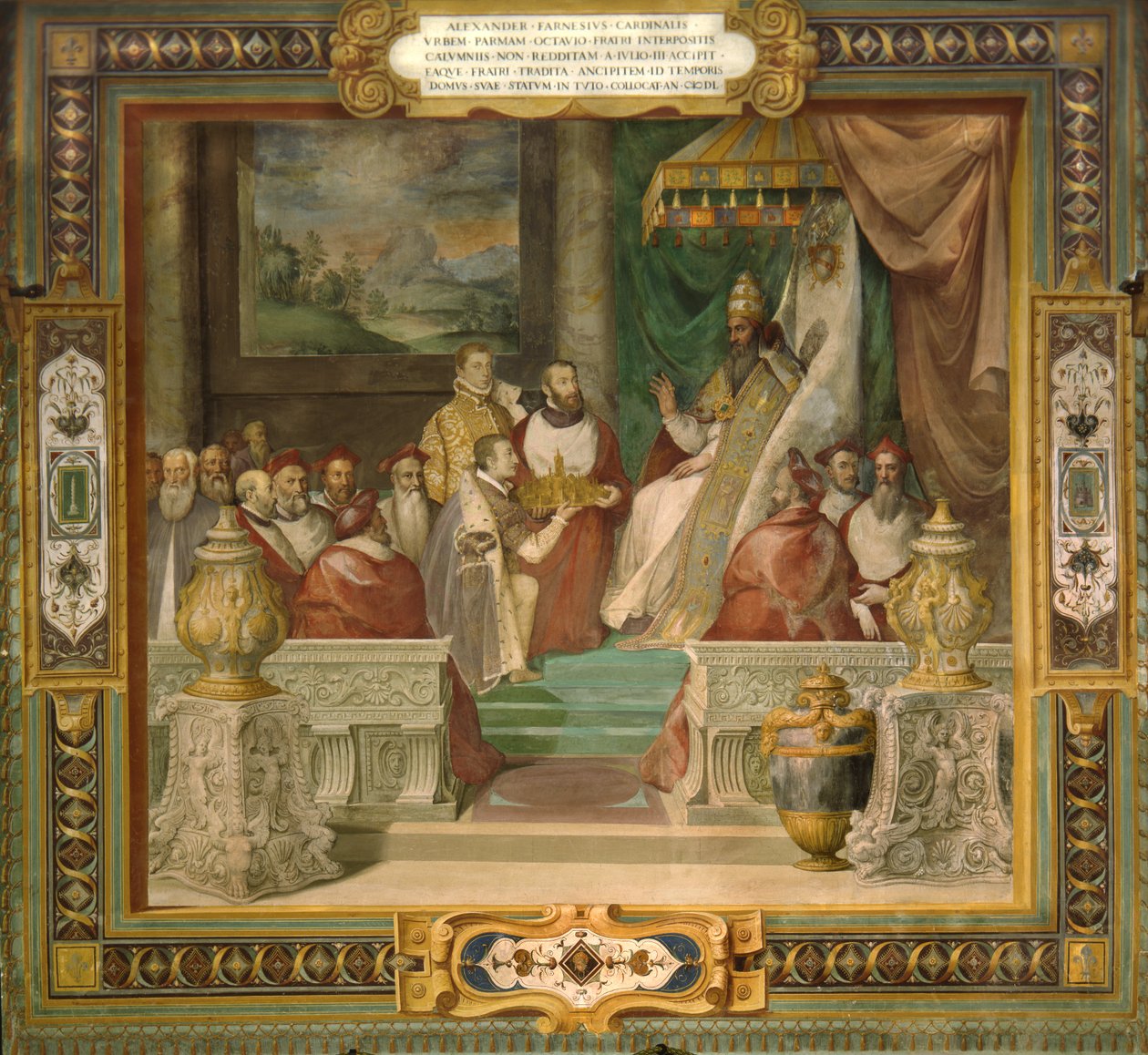 Alessandro och Ottavio Farnese presenterar en modell av staden Piacenza för påven Julius III av Taddeo Zuccari