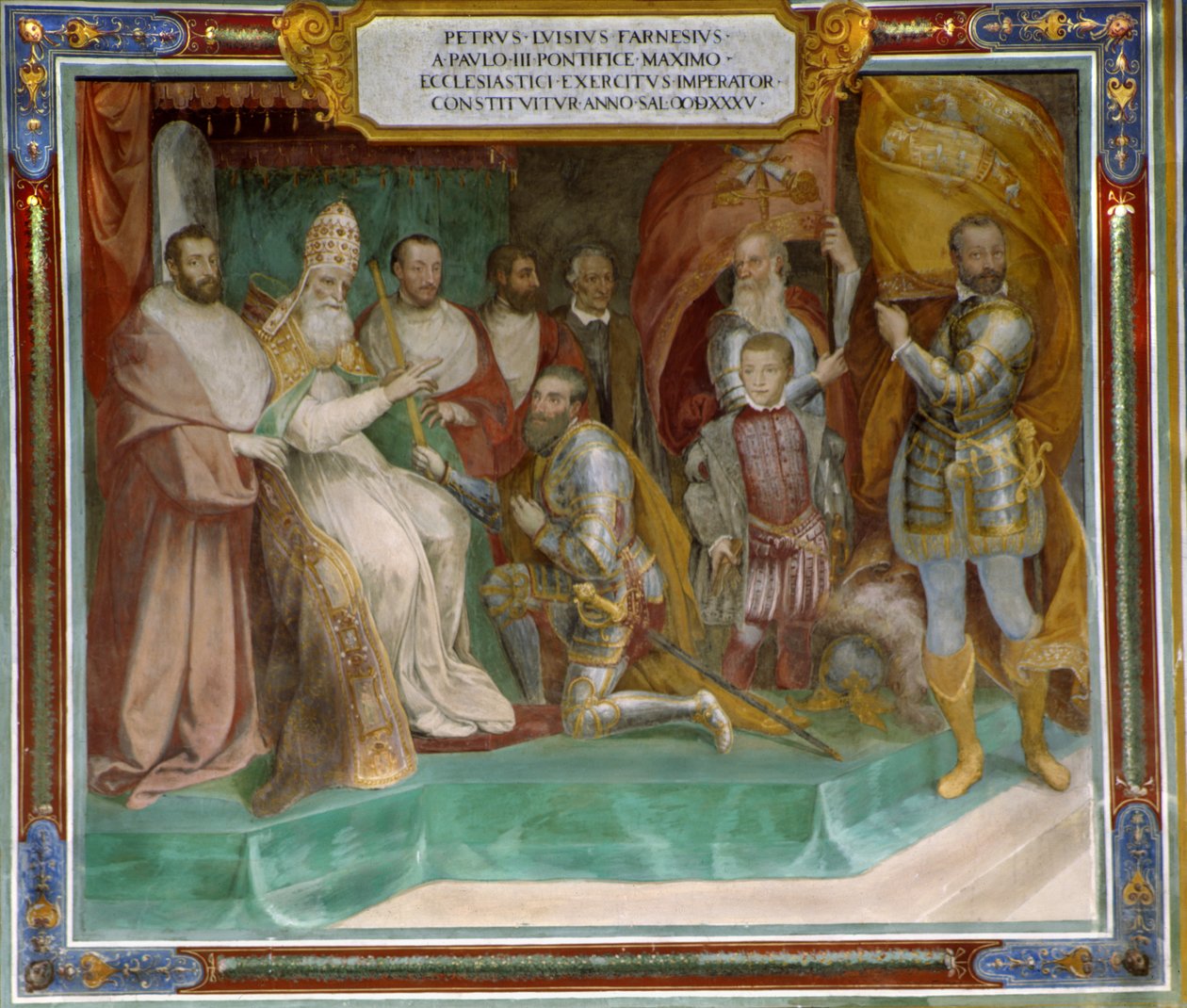 Pier Luigi Farnese utnämnd till befälhavare för den påvliga armén av sin far påven Paul III av Taddeo Zuccari