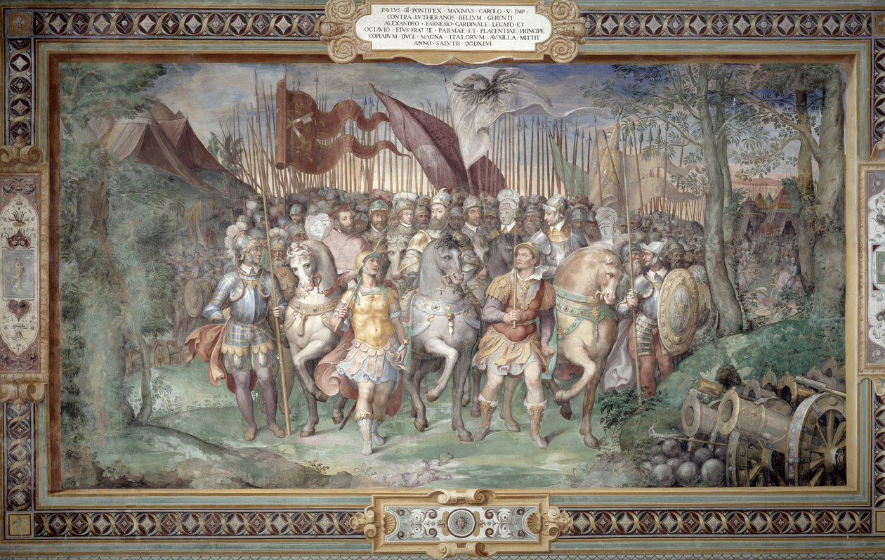 Charles V (1500-58) Alessandro (1546-92) och Ottaviano Farnese ledde armén mot landgraven Filip av Hessen 1546 från "Sala dei Fasti Farnese" (Hall of the Splendors of the Farnese) av Taddeo Zuccari