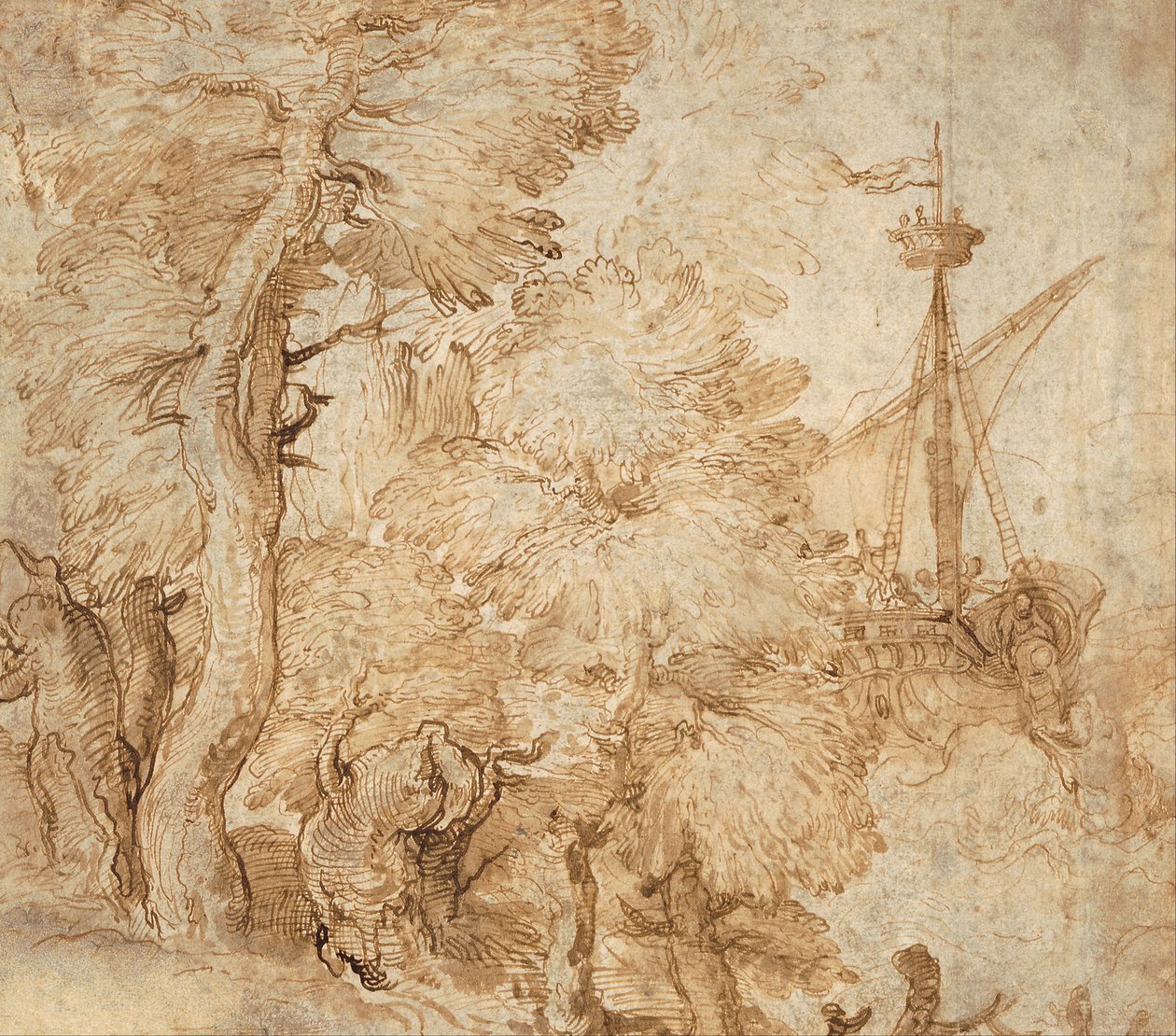 Jonah and the whale, seen from a landscape with trees av Taddeo Zuccari