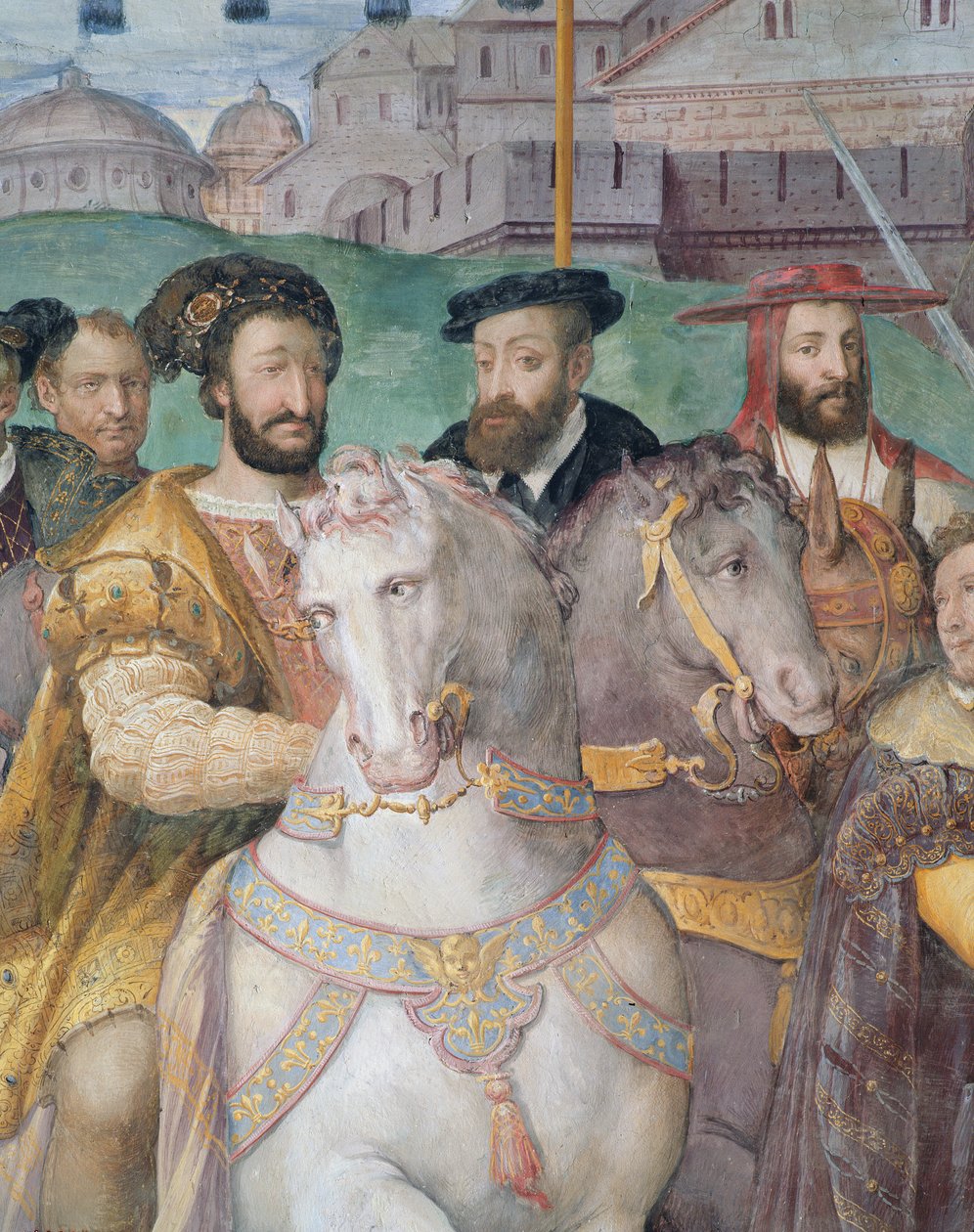 Detalj av kejsar Karl V, Francis I och Alessandro Farneses högtidliga inträde till Paris 1540, från Sala dei Fasti Farnese, 1557-66 av Taddeo Zuccari