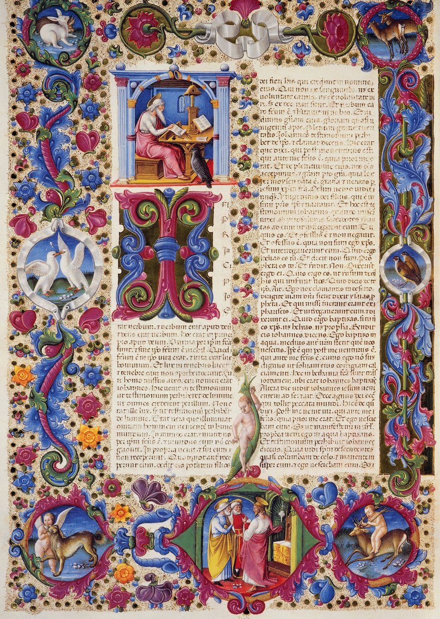 Incipit från Evangelium enligt Johannes, från volym II av Bibeln av Borso d