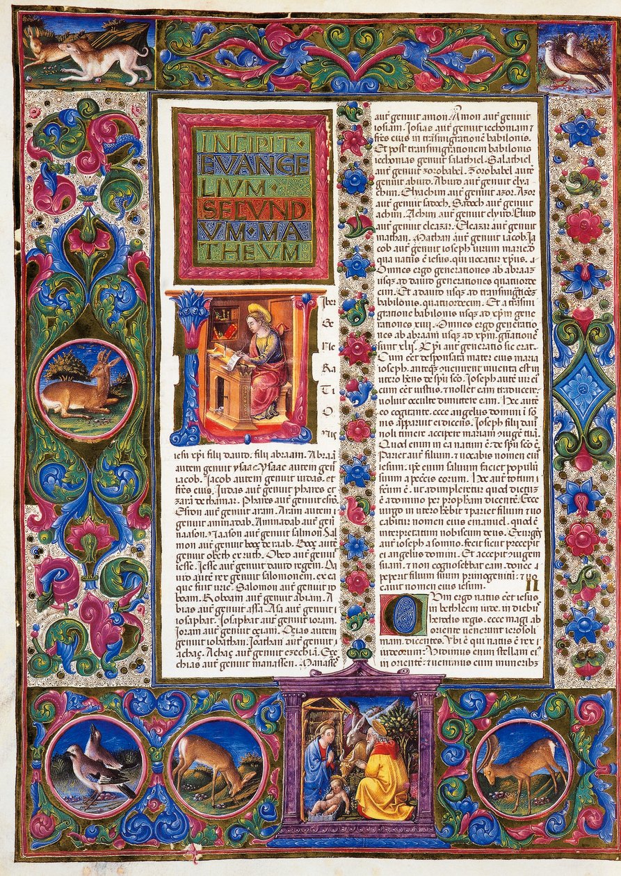 Incipit från evangelium enligt Matteus, från volym II av Bibeln från Borso d