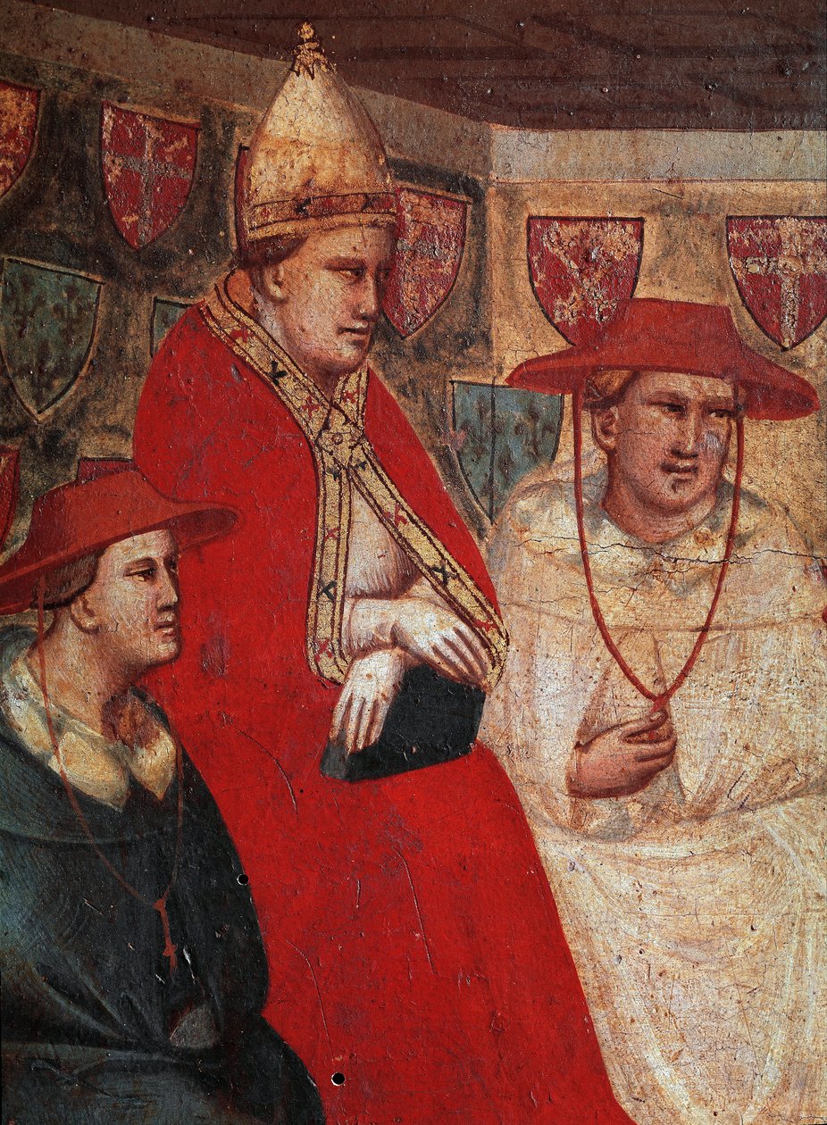 Historien om Saint Francois av Assisi: representation av påven Innocenzo III (Innocentius) (1160-1216), som bekräftar det franciskanska styret 1210. Detalj. Fresk av Taddeo Gaddi (1295/1300-1366), Florens, Galleria dell