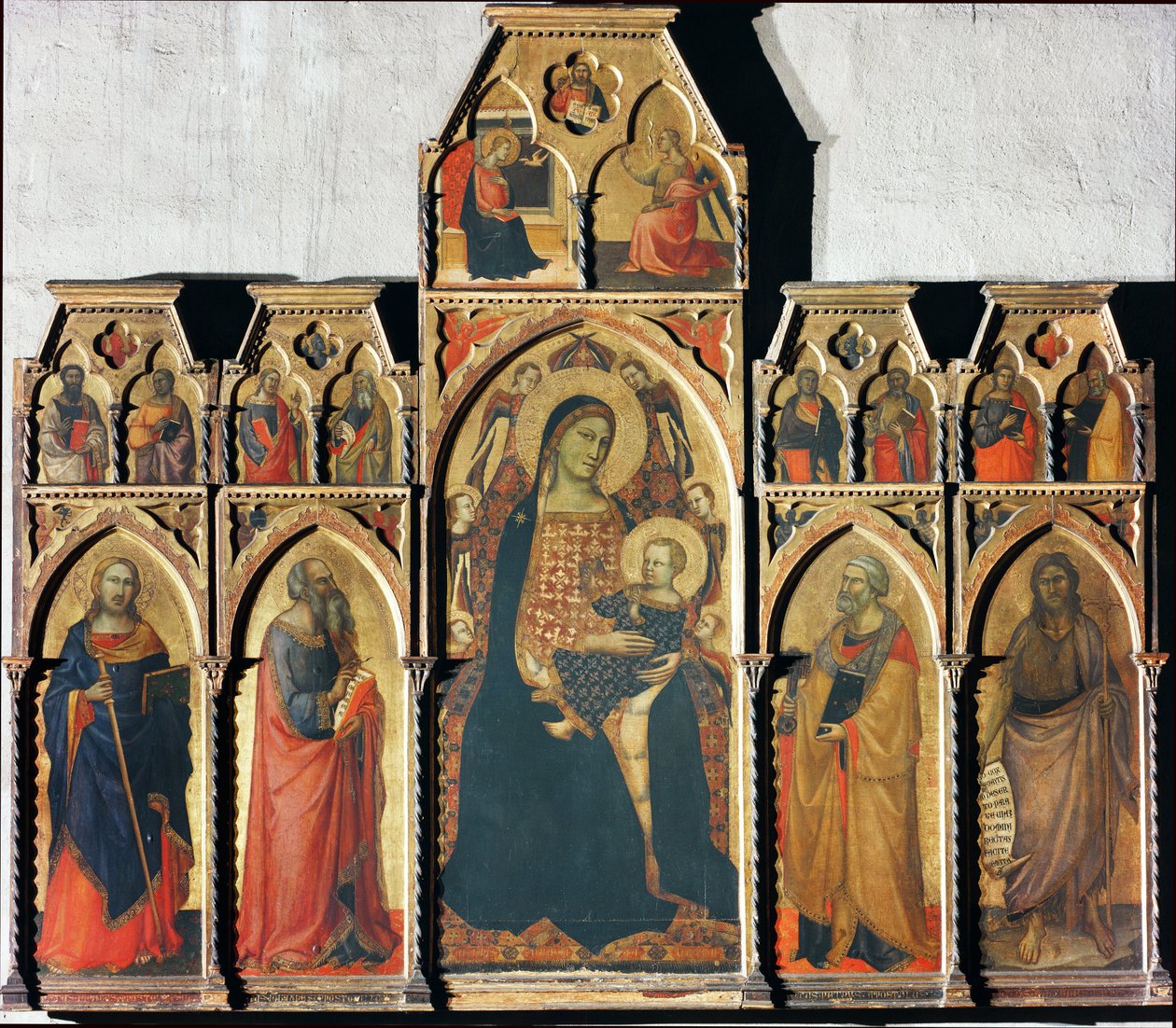 Jungfru med barn med den helige Jakob majoren, den helige Johannes evangelisten, den helige Petrus och den helige Johannes döparen - tempera på panel, 1350-1353 av Taddeo Gaddi