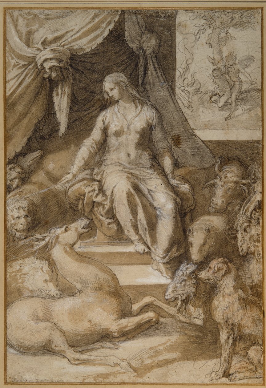 Circe sittande, de förhäxade Argonauterna transmogrifierade (svart krita med brun tvätt & vit kroppsfärg på papper) av Taddeo Zuccaro