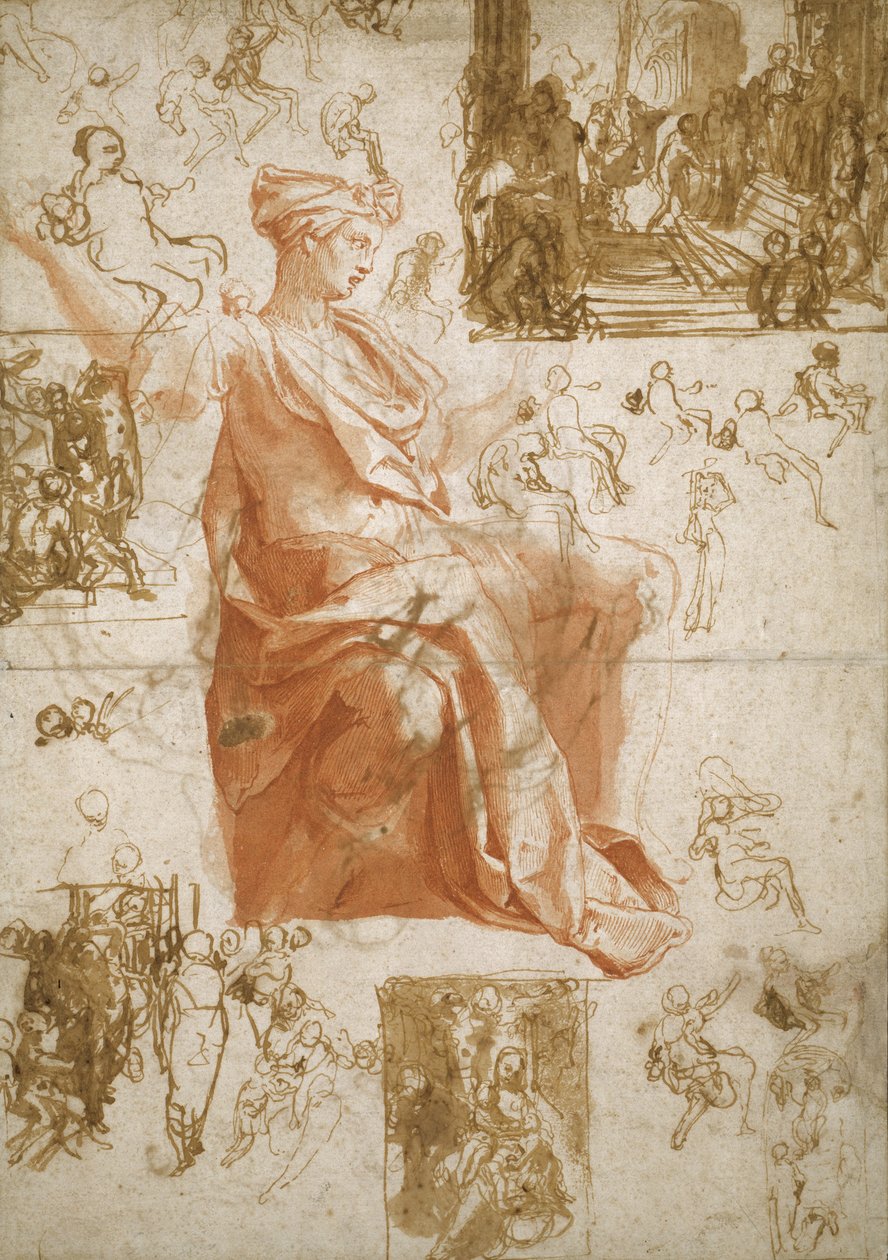 Ark med studier för förblindandet av Elymas, offer i Lystra och en helig familj, ca 1558 av Taddeo Zuccaro