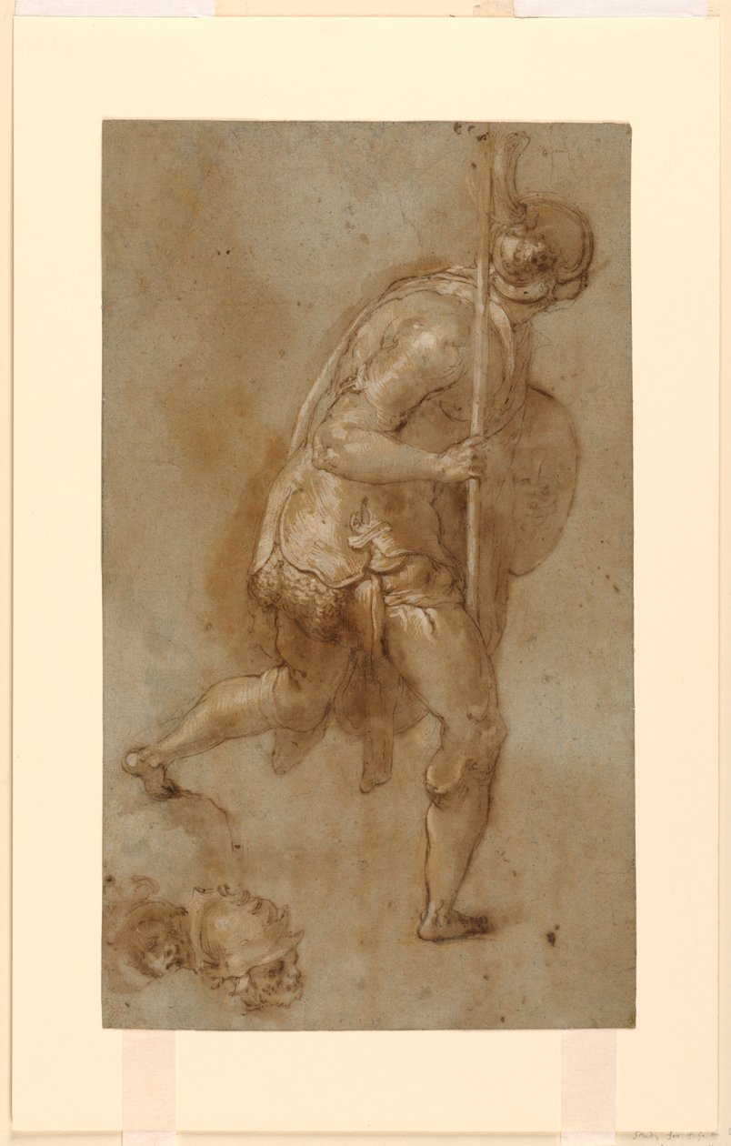 Soldat Running: Studie för figur i vänster förgrund, "Betrayal of Christ," Rom, S. Maria della Consolazione, Matttei Chapel; Separata studier av två huvuden av Taddeo Zuccaro