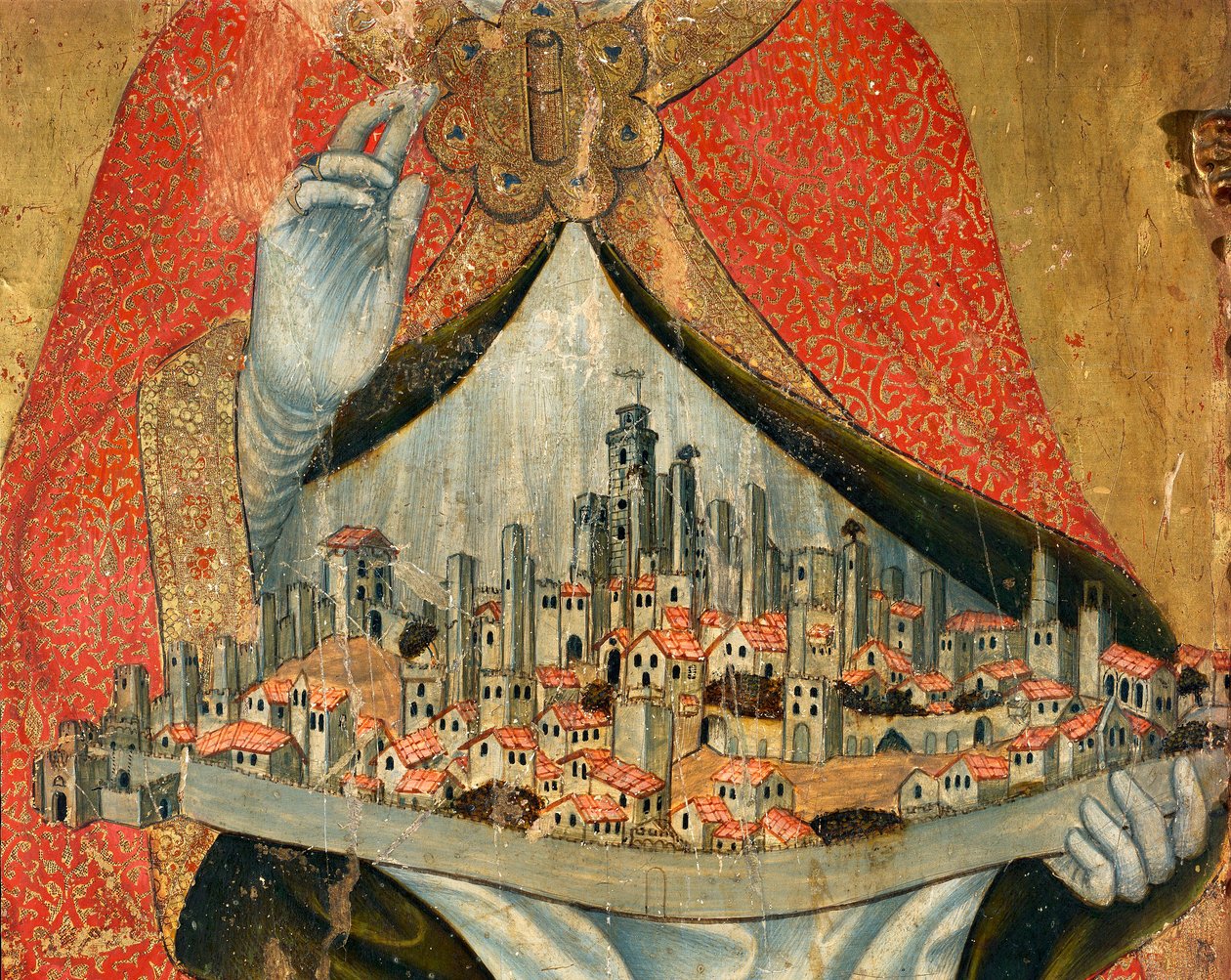 Utsikt över staden San Gimignano, med hus och monument, detalj (målning av Taddeo di Bartolo