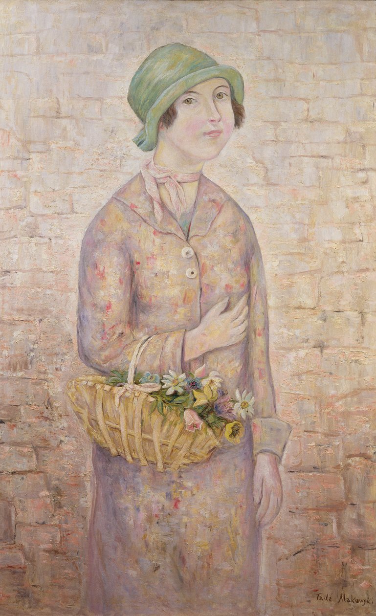 En flicka med en korg med blommor av Tadeusz Makowski