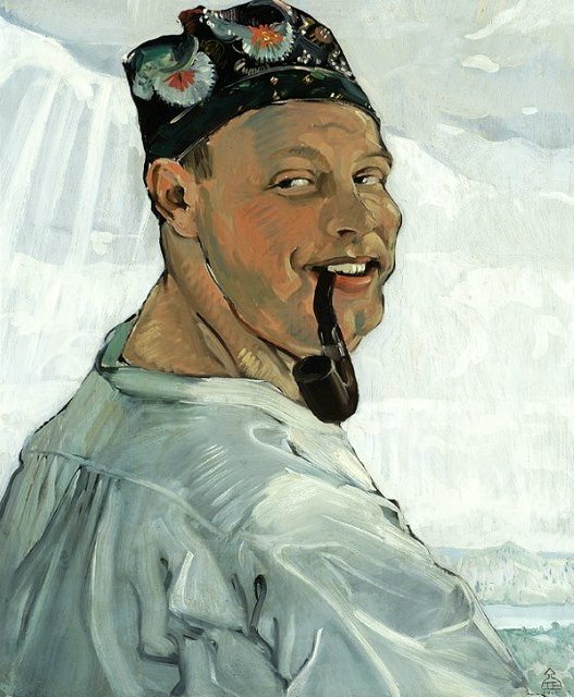 Self-portrait with a pipe.  av Tadeusz Pruszkowski