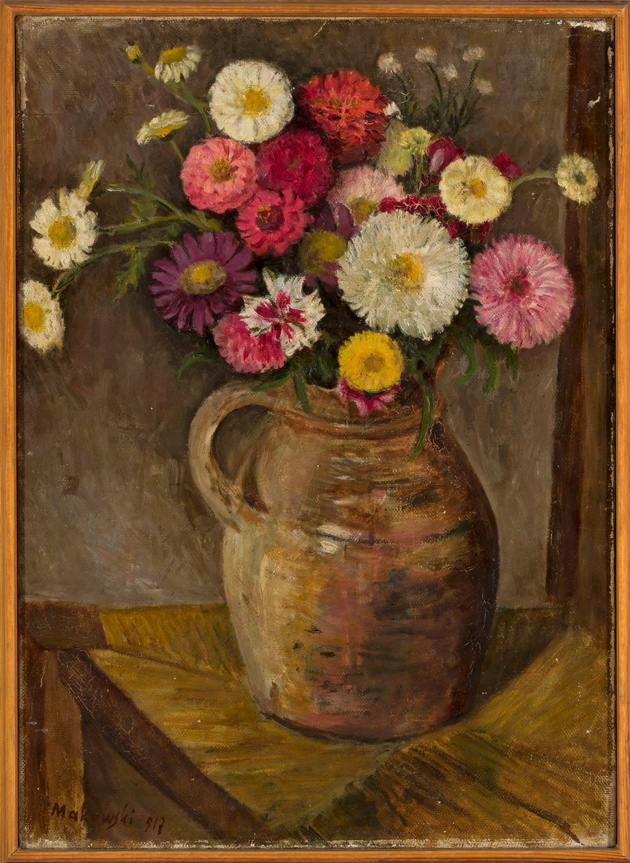 Astrar och zinnior i en lerkruka av Tadeusz Makowski