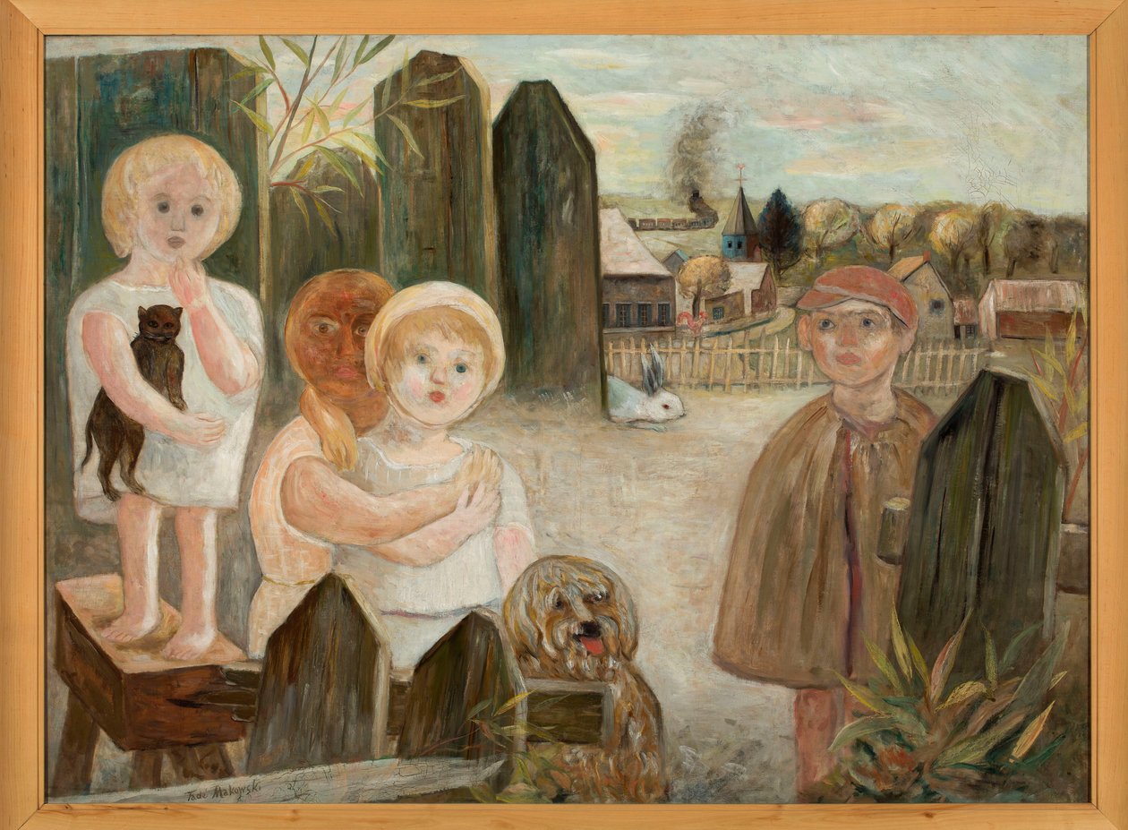 Barn på en gårdsplan på landet av Tadeusz Makowski