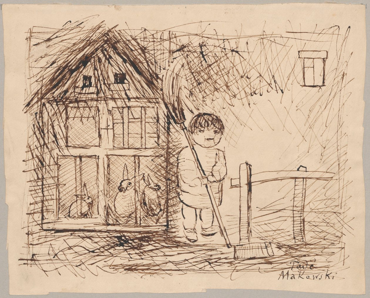 Barn under en bur med kaniner av Tadeusz Makowski