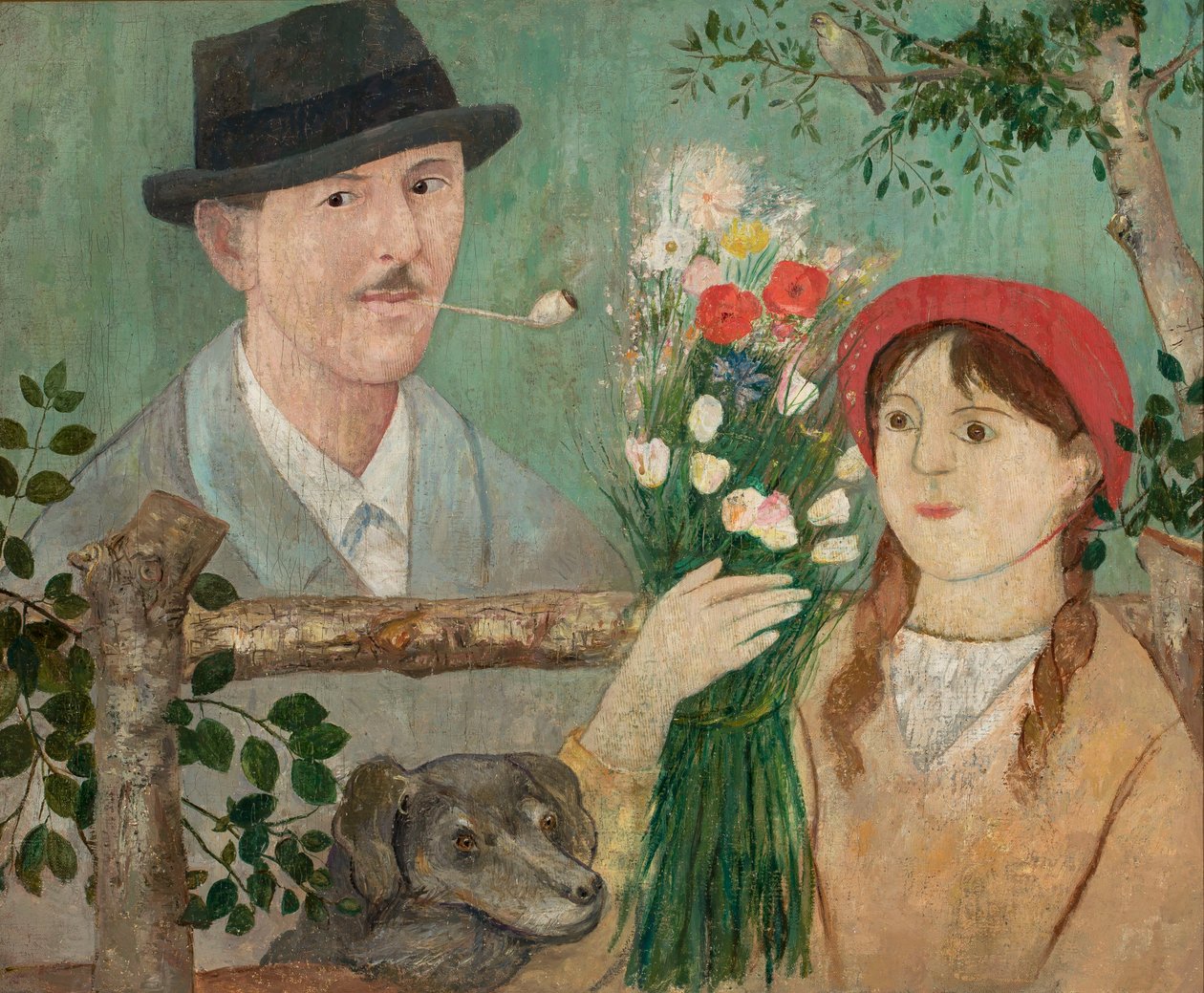 Idyll vid staketet (Självporträtt, flicka med blommor och hund) av Tadeusz Makowski