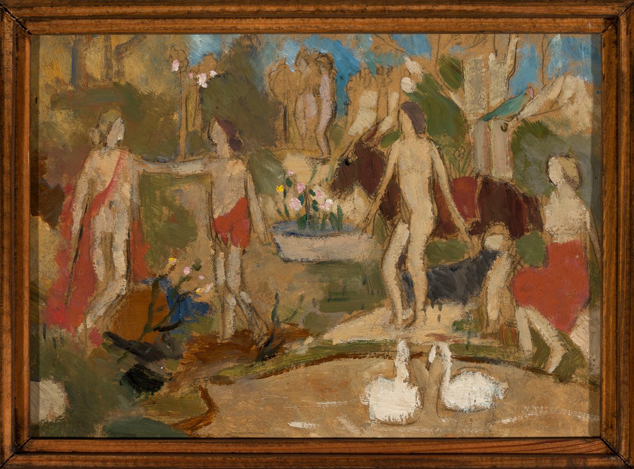 En trädgårdsscen med figurer och svanar av Tadeusz Makowski