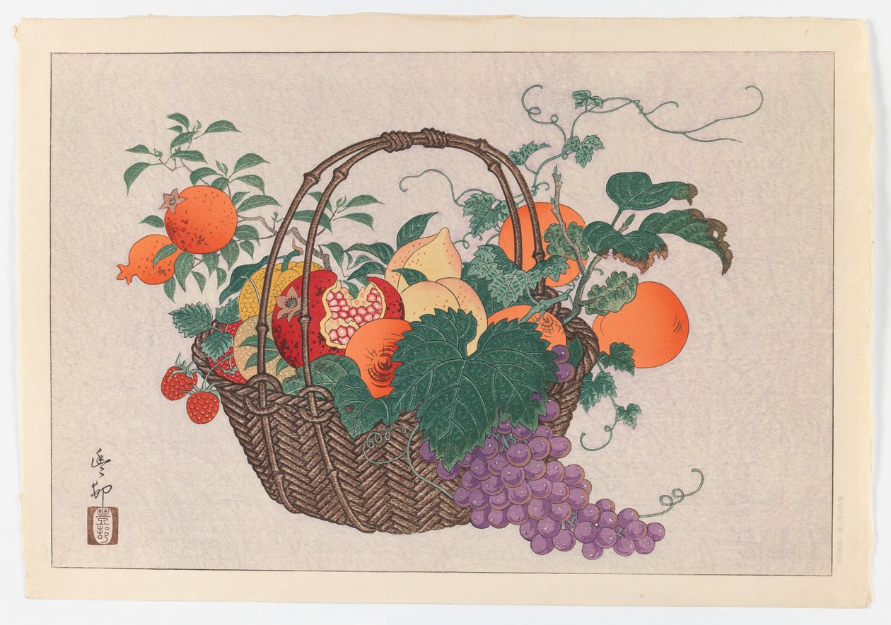 Stilleben med fruktkorg, ca 1930 (tryck) av Taisu Taisu
