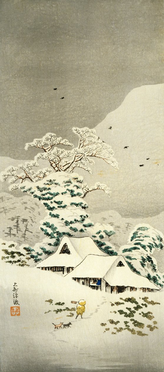 Scen i snö i Sawatari i Joshu-distriktet, cirka 1930, av Takahashi Shotei (1871-1945), o-tanzaku-formad träsnitt, 38,1 x 17,1 cm, japansk civilisation, Meiji-Showa-perioden av Takahashi Shotei