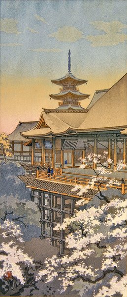 Tempel och träd i blom (träblock i färg) av Takahashi  Hiroaki
