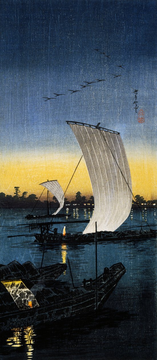 Sekiyado kvällsvy, ca 1930 (O-tanzaku träsnitt) av Takahashi  Hiroaki